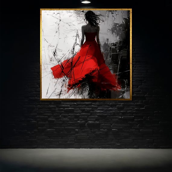 Red Dress Woman Painting Abstract Female Silhouette Art Modern Fashion Wall Decor Bold Expressive Artwork Unique Gift For Her