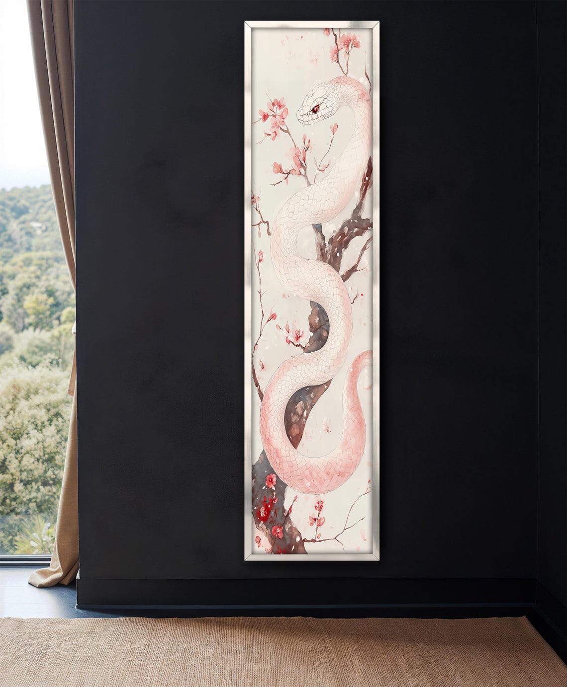 White Snake Cherry Blossom Japanese Style Vertical Wall Art Poster - Image 4