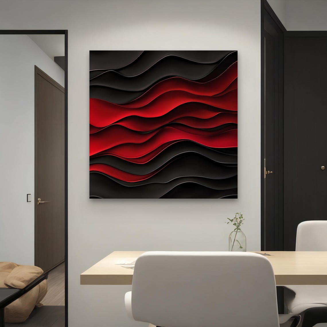 Black And Red Layered Waves 3D Effect Modern Abstract Wall Art - Image 4