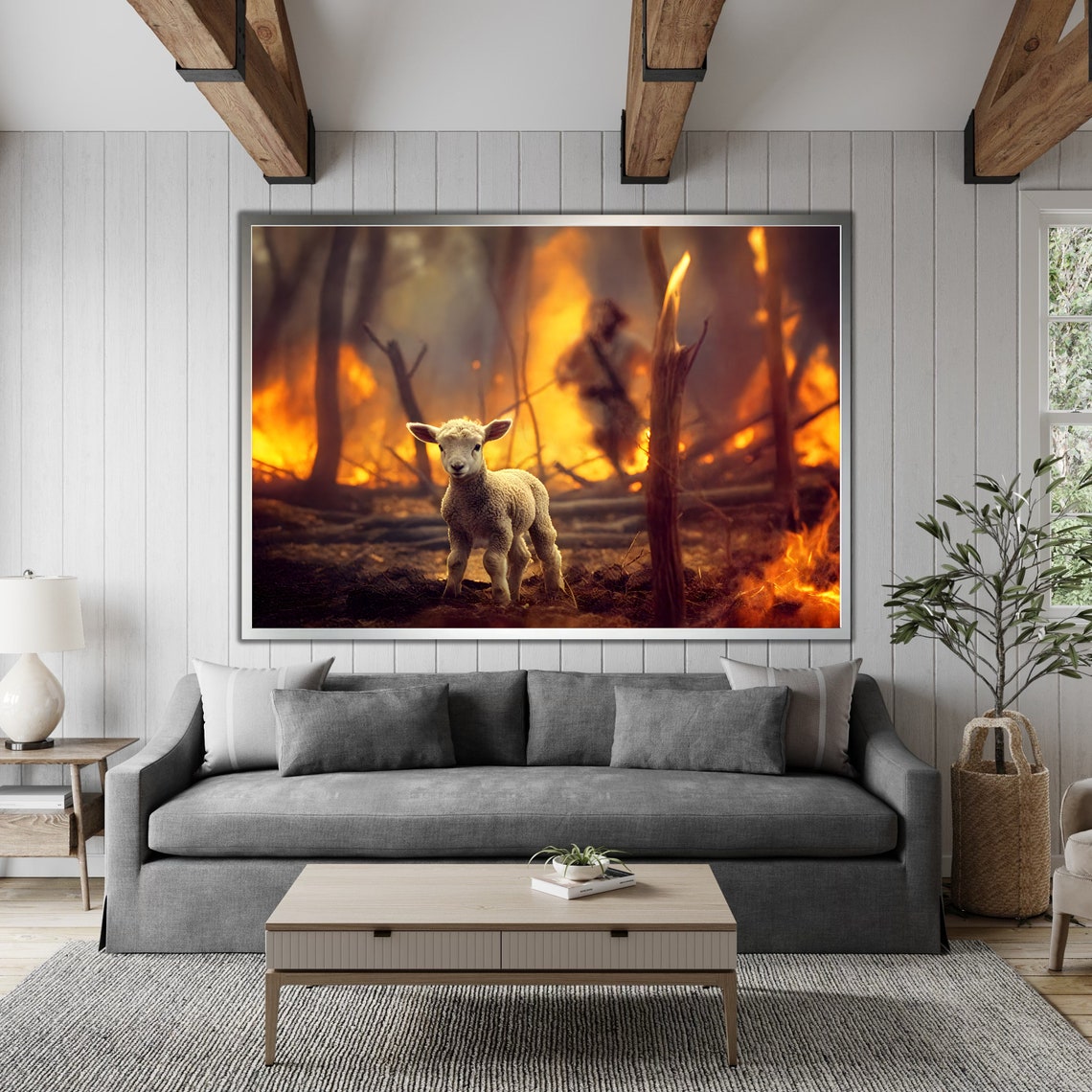 Jesus Running to Save Lamb From Burning Forest Christian Art Poster - Image 4
