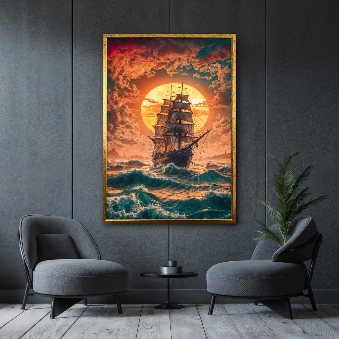Tall Ship At Sunset Fiery Orange Sky Teal Ocean Waves Maritime Poster - Image 4