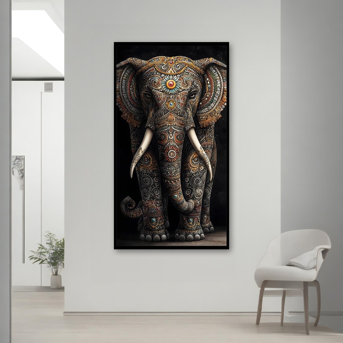 Decorative Mandala Elephant Front View On Black Background Boho Animal Poster - Image 2