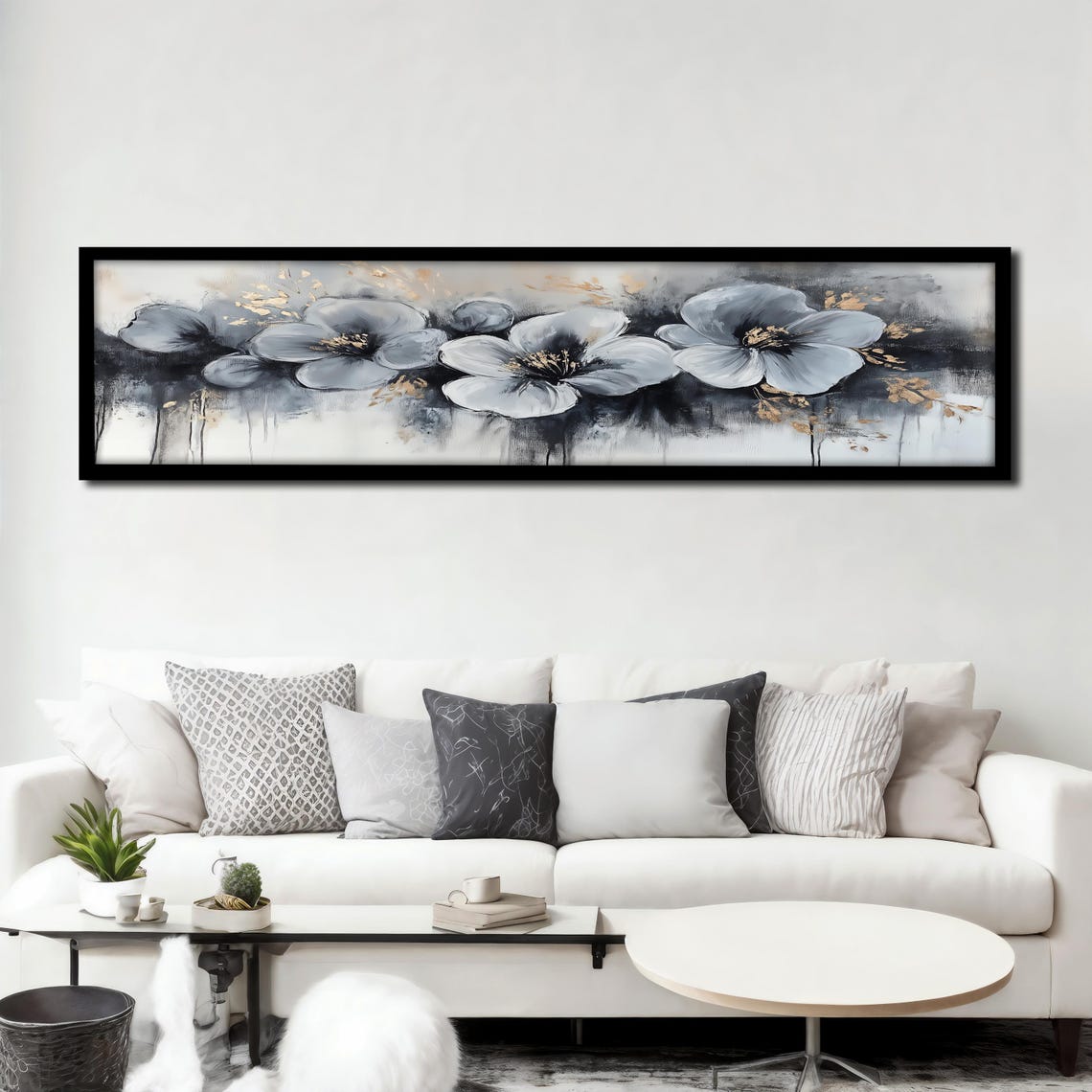 Gray Floral Abstract Blooms Gold Accents Panoramic Wall Art Poster - Image 3