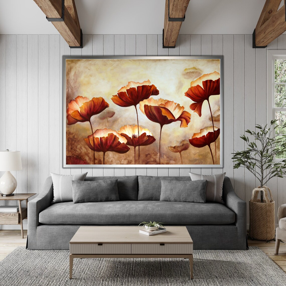 Sunset Poppy Flowers Textured Painting Warm Orange Red Blooms Wall Art - Image 4