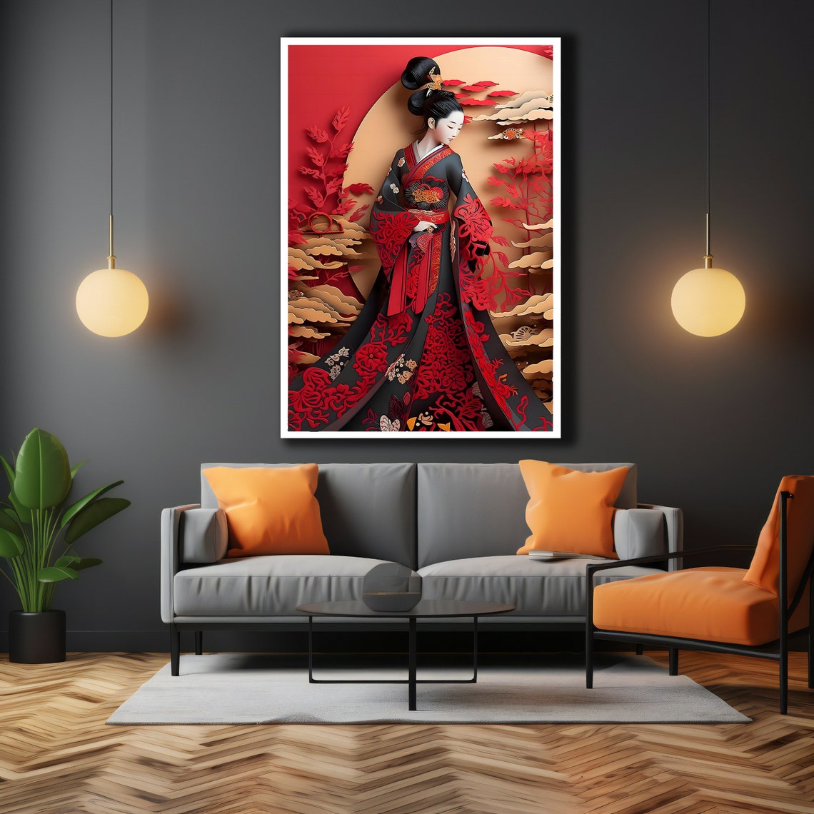 Japanese Geisha Red Kimono Paper Cut Style Illustration Art Poster - Image 3