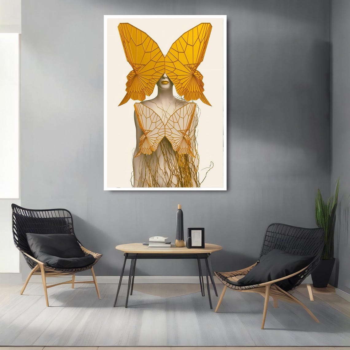 Butterfly Woman Painting Surreal Gold Wings Wall Decor Framed Modern Home Or Office Decor Gift Idea - Image 2