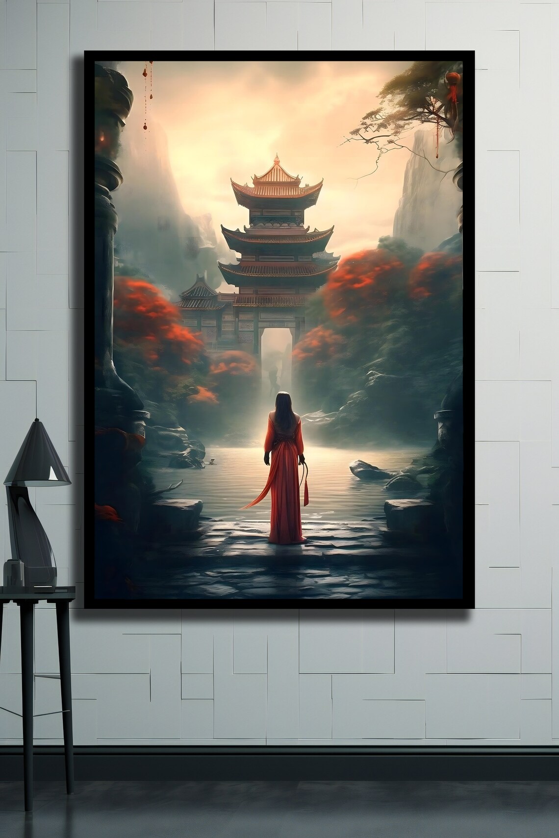 Woman in Red Dress Before Misty Pagoda Temple Waterfall Art Poster - Image 2
