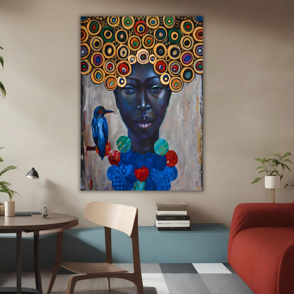 Colorful Circle Headdress Woman Portrait Blue Bird Modern Art Poster - Image 3
