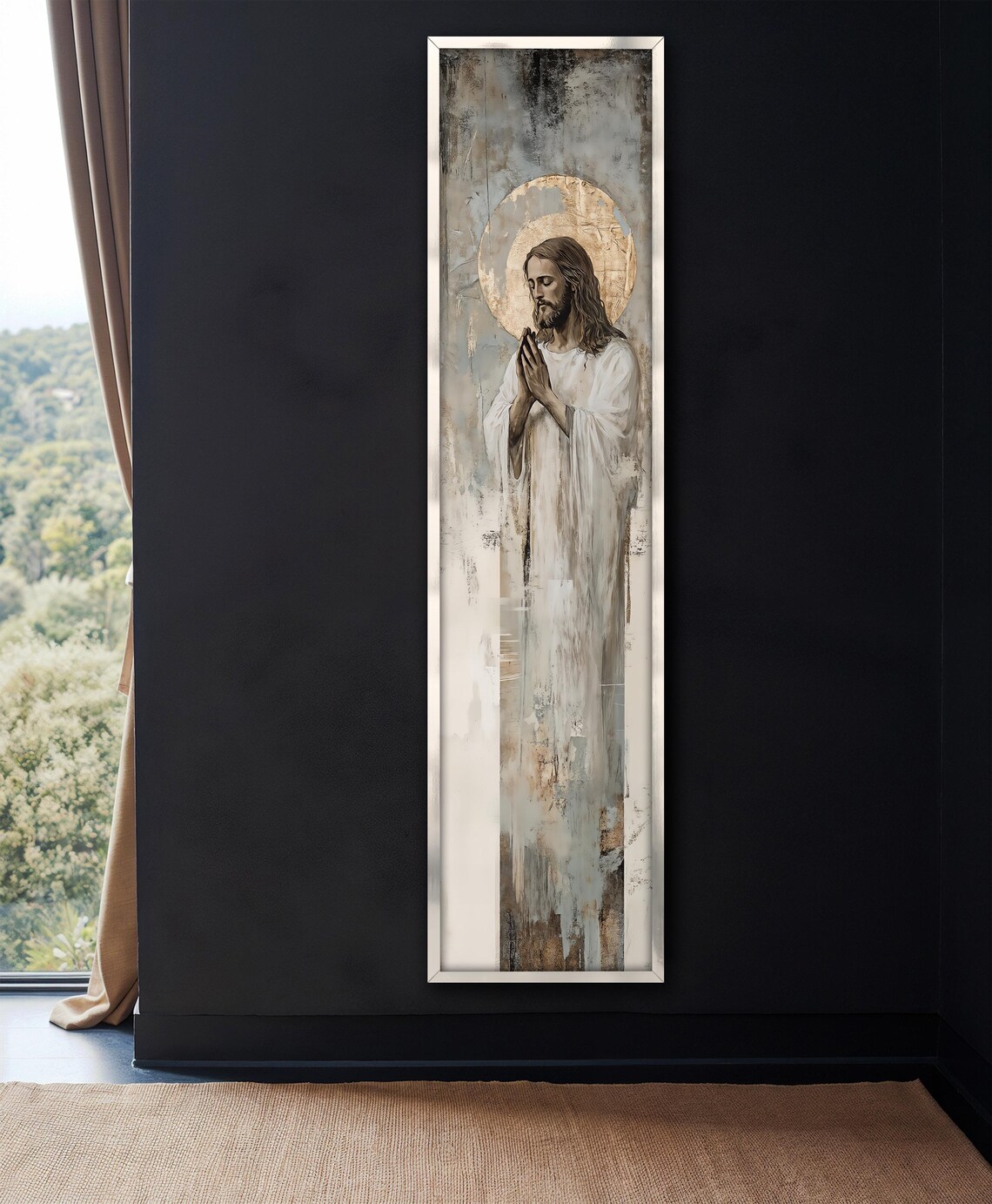 Jesus Christ Praying Golden Halo Elegant Religious Vertical Art Poster - Image 4