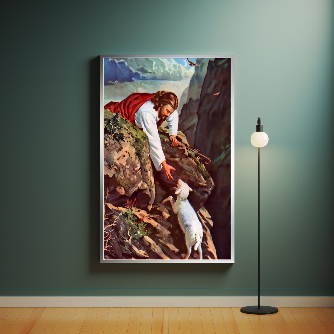 Jesus Reaching To Rescue Lost Lamb On Rocky Cliff Christian Art Poster - Image 4