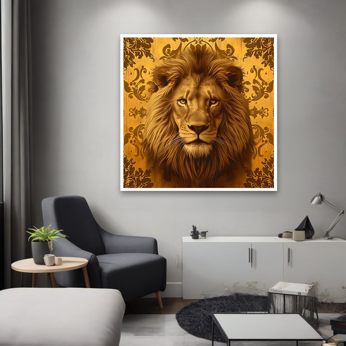 Golden Lion Portrait Ornate Damask Background Regal Wildlife Art Poster - Image 2