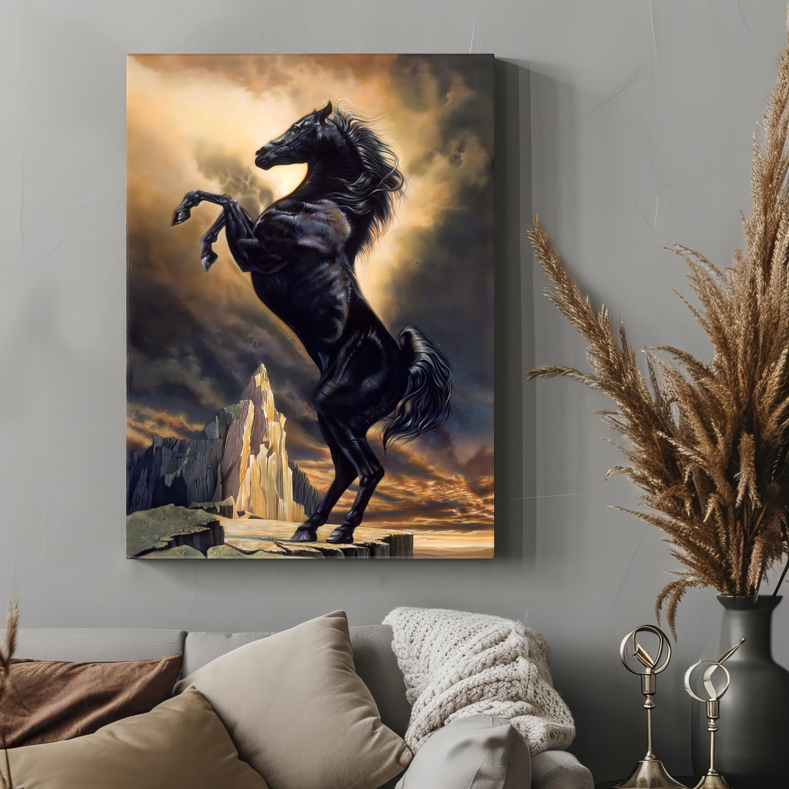 Black Stallion Rearing Dramatic Sunset Mountain Fantasy Horse Poster - Image 4