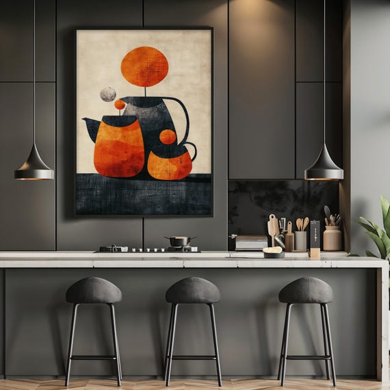 Abstract Mid Century Modern Teapot And Cup Wall Art Vintage Geometric Kitchen Decor Unique Gift
