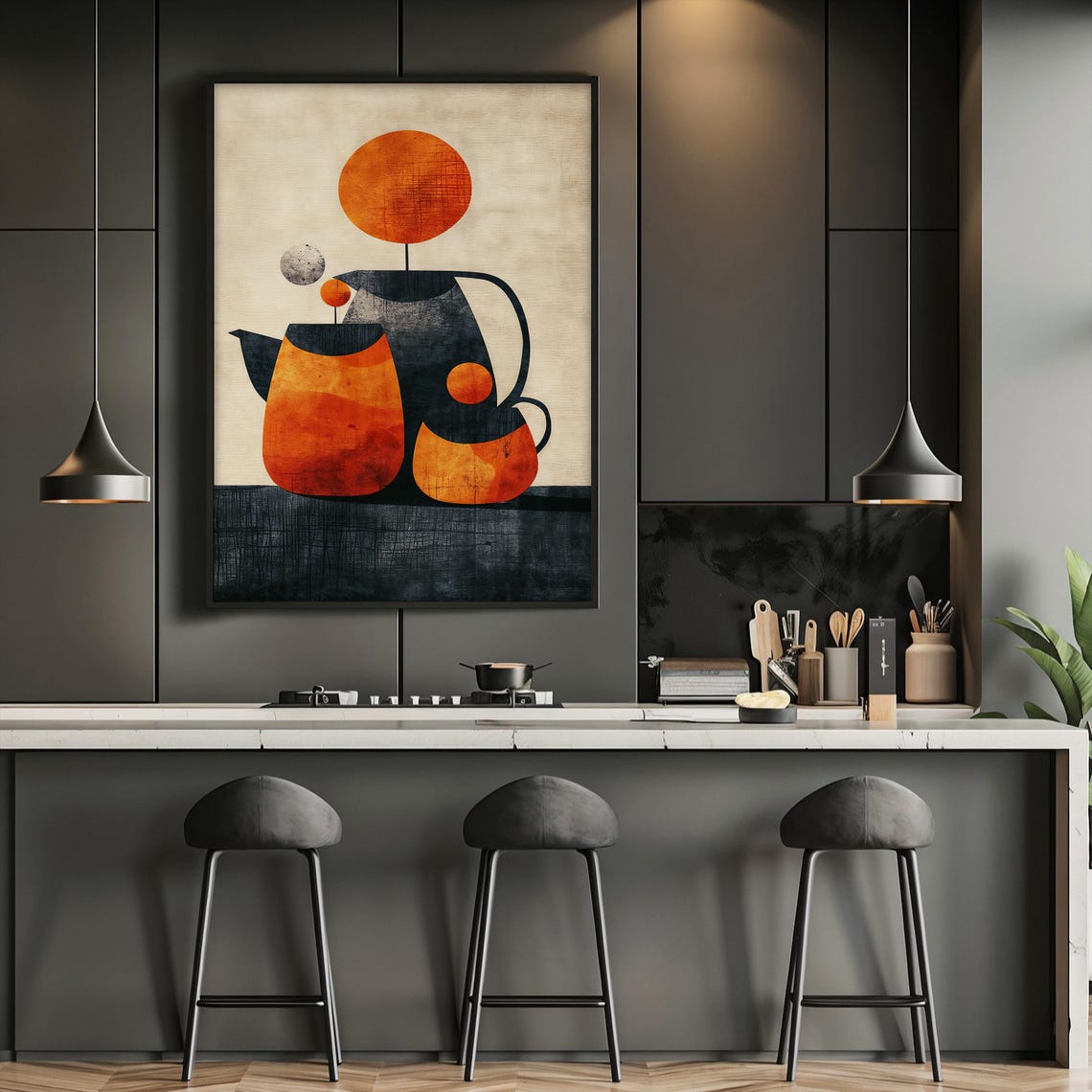 Abstract Mid Century Modern Teapot And Cup Wall Art Vintage Geometric Kitchen Decor Unique Gift