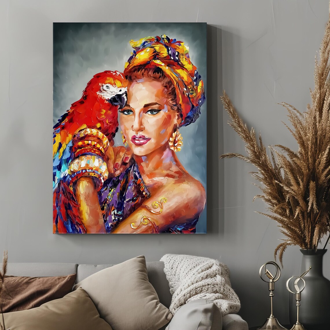 Colorful Woman Portrait With Red Macaw Parrot Turban Oil Art Print - Image 4