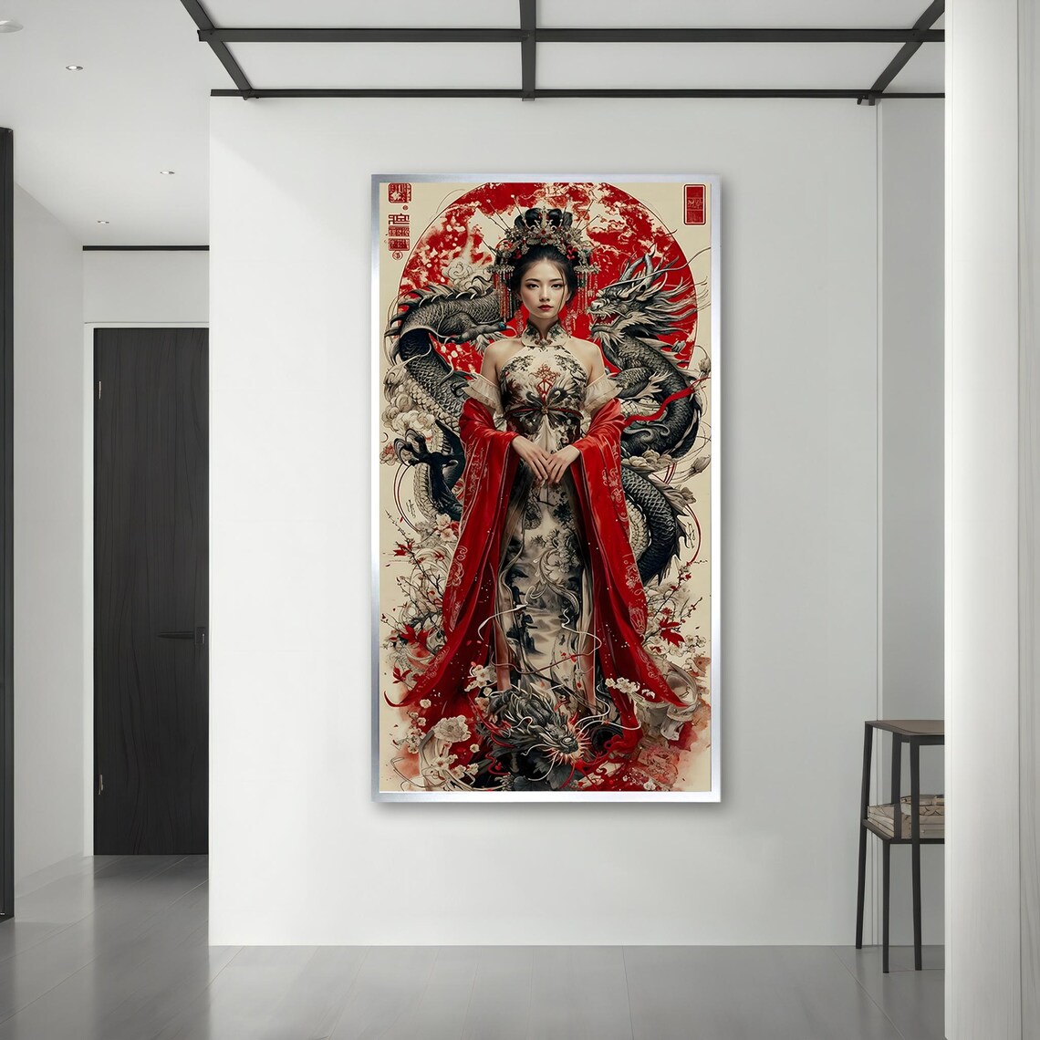Oriental Empress With Twin Dragons Red Sun Circle Floral Tattoo Dress Poster - Image 3