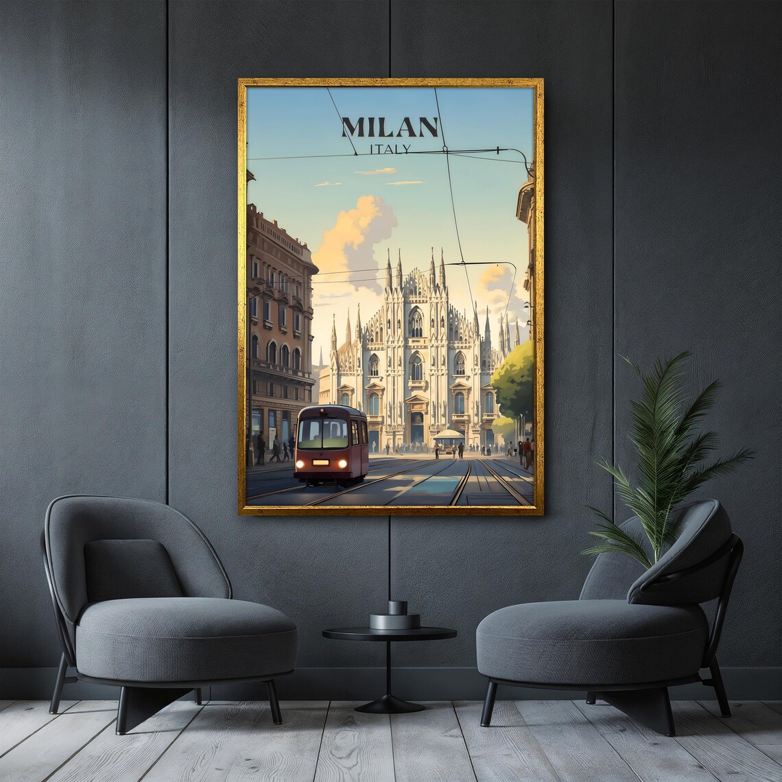 Vintage Milan Italy Duomo Cathedral Red Tram Retro Travel Poster - Image 4
