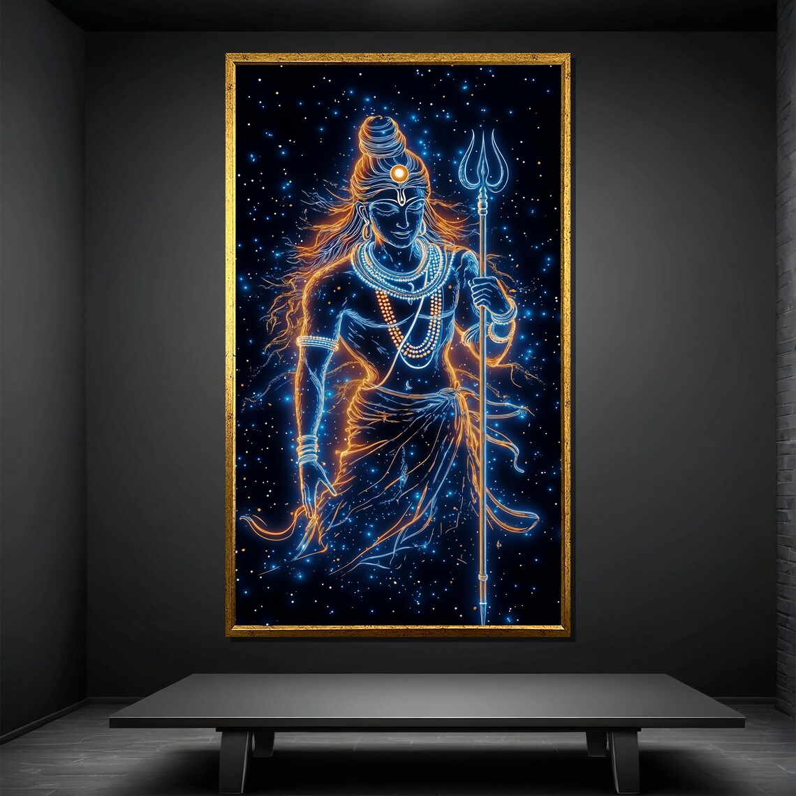 Lord Shiva Trishul Cosmic Neon Starry Night Spiritual Art Print