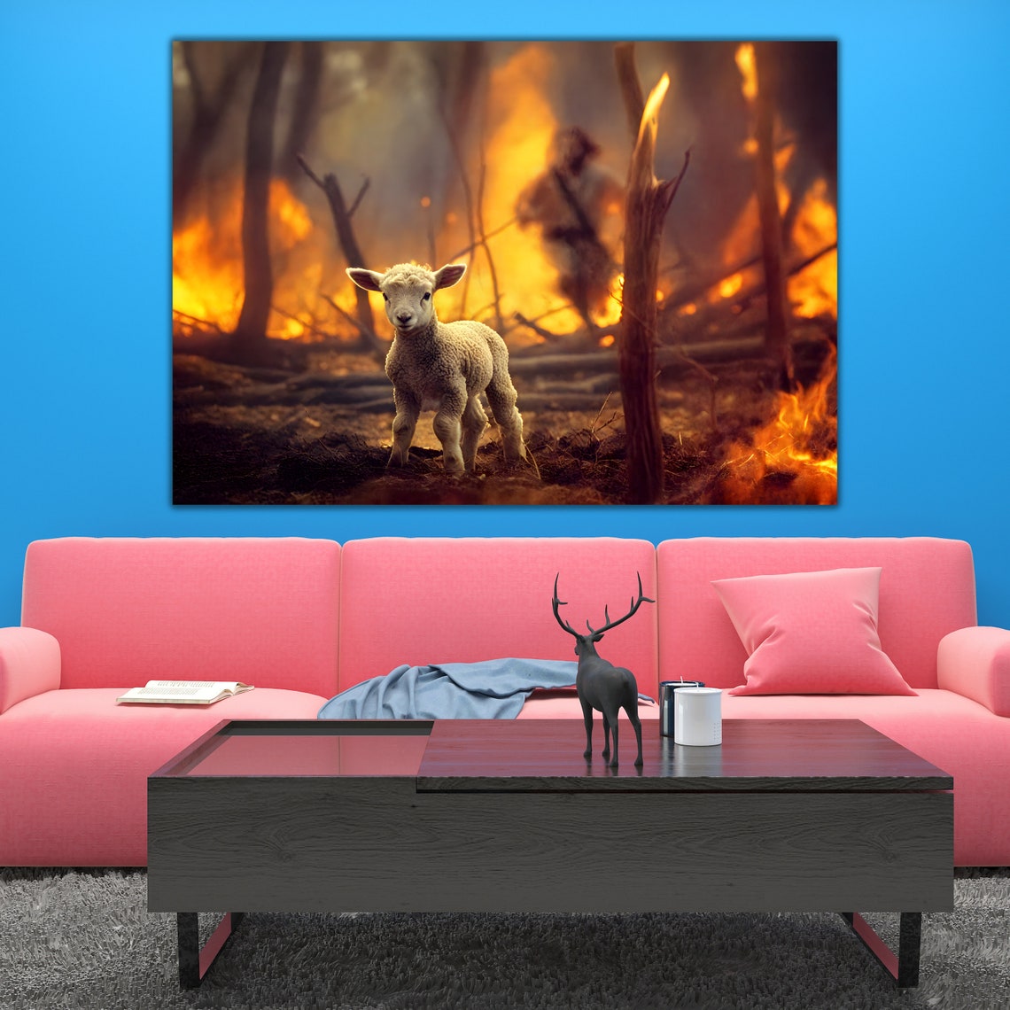 Jesus Running to Save Lamb From Burning Forest Christian Art Poster - Image 2