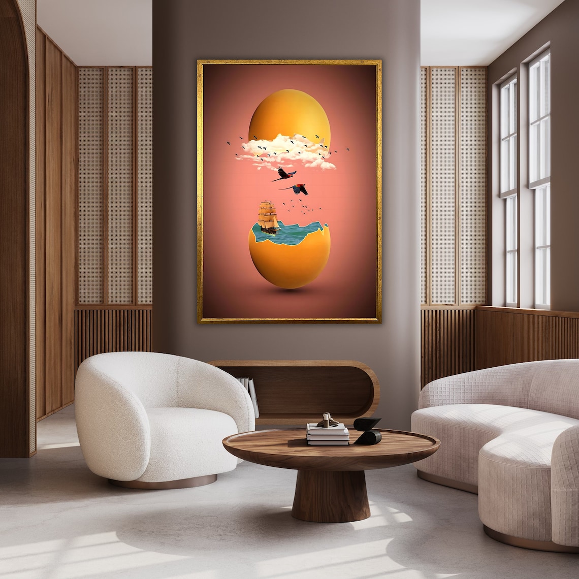 Surreal Giant Golden Egg Ship Ocean Birds Sunset Surrealism Art Poster - Image 2