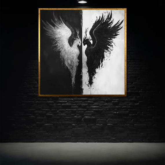 Black And White Angel And Demon Painting Dark Fantasy Wall Art Gothic Home Decor Yin Yang Wings Artwork Unique Gift For Him