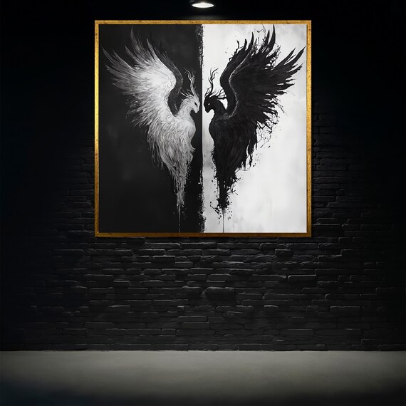Black and White Angel Demon Wings Yin Yang Duality Dark Fantasy Wall Poster