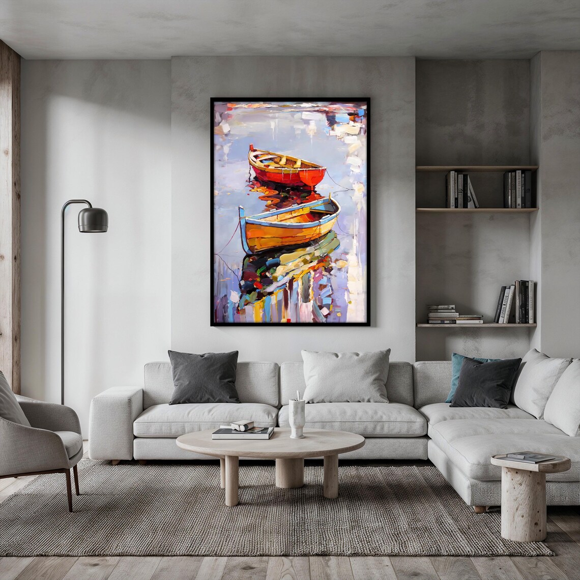 Two Colorful Fishing Boats Reflection Calm Water Painting Wall Art - Image 2