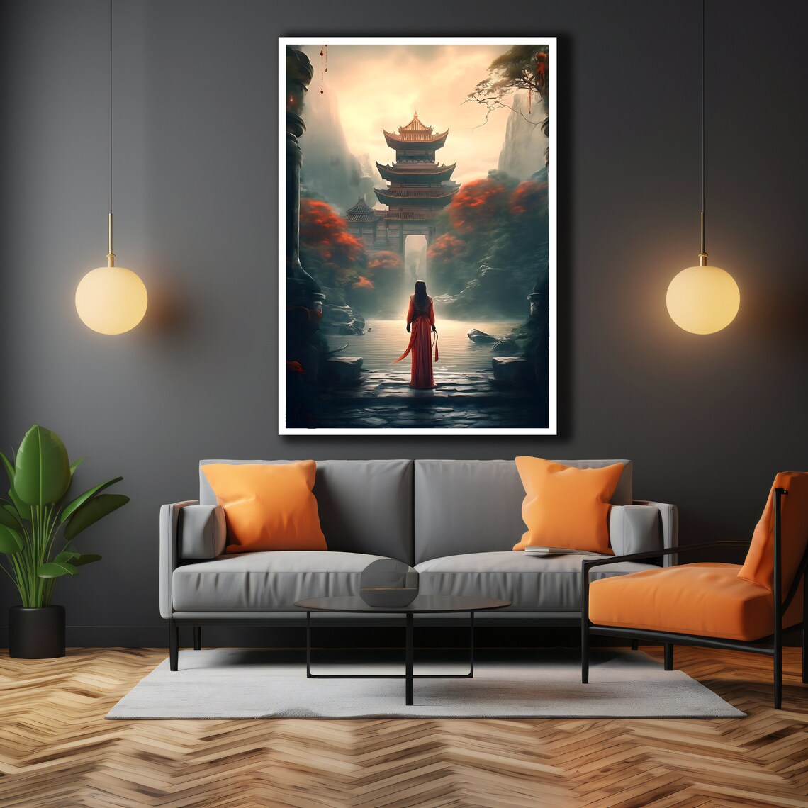 Woman in Red Dress Before Misty Pagoda Temple Waterfall Art Poster - Image 3