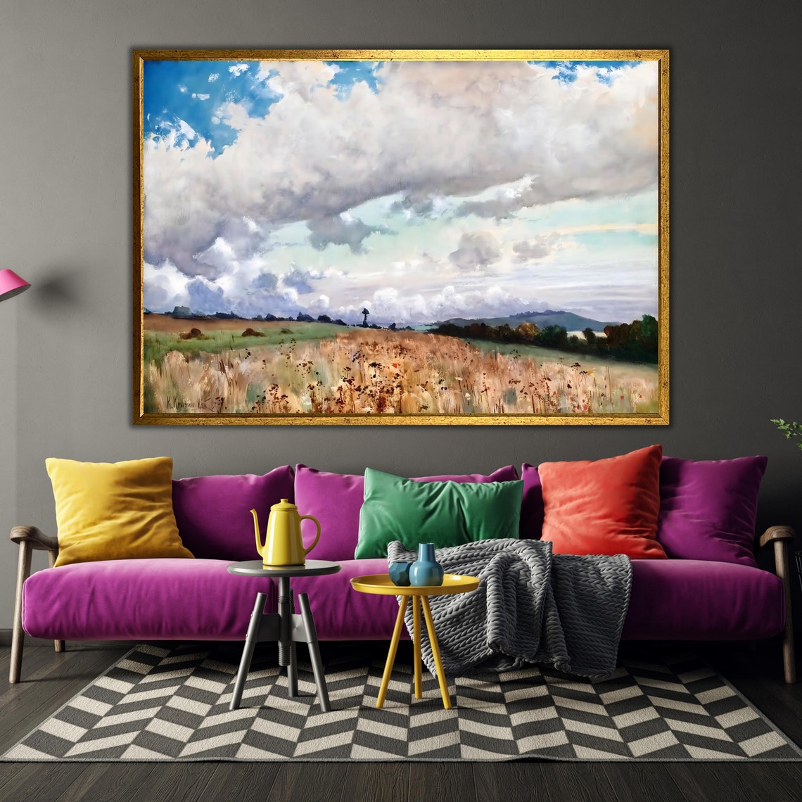Golden Meadow Dramatic Clouds Impressionist Field Landscape Art Poster - Image 3