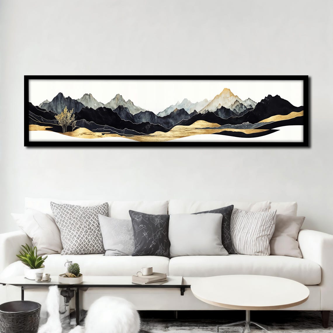 Black Gold Mountain Peaks Panoramic Modern Abstract View Poster - Image 3
