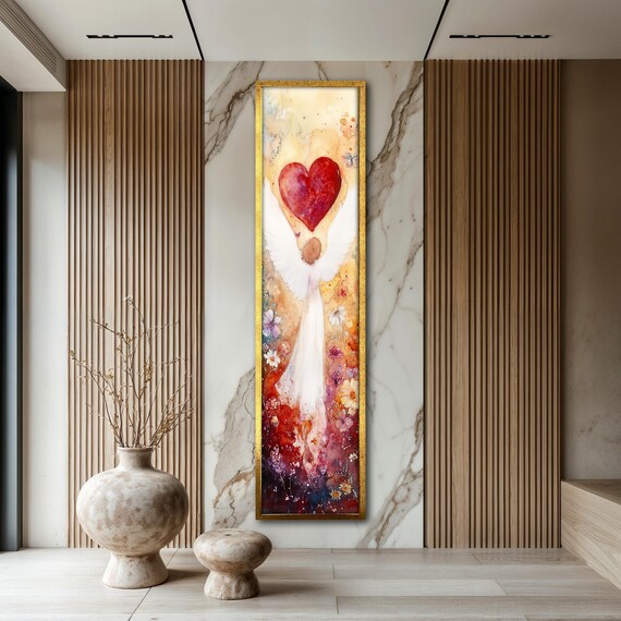 Angel Wall Art With Heart Vertical Print For Home Decor Inspirational Painting Gift Unique Artwork For Living Room Gift Idea