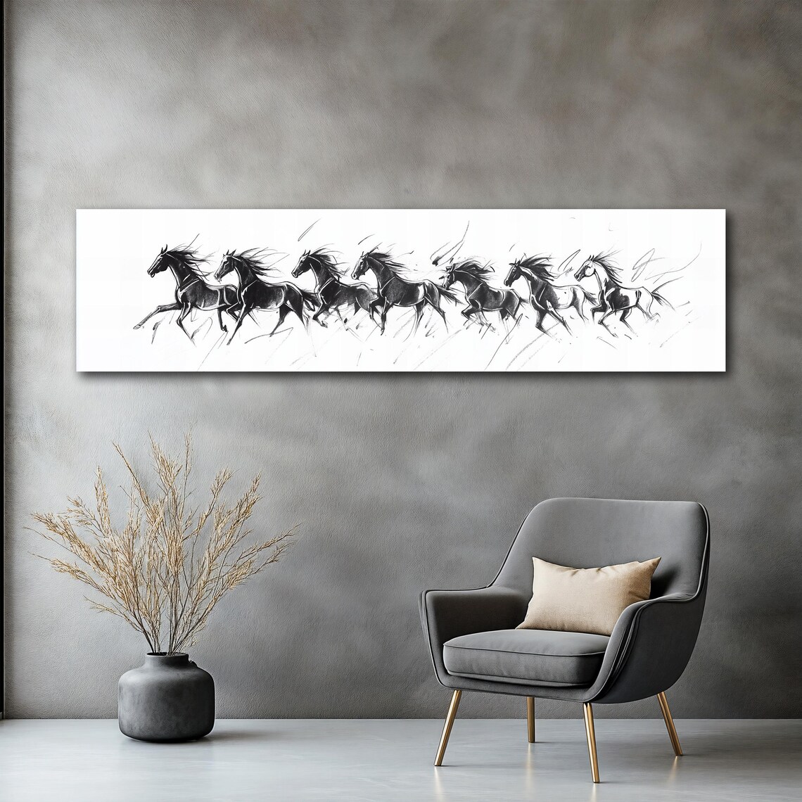 Seven Running Horses Black White Panoramic Sketch Art Poster - Image 2