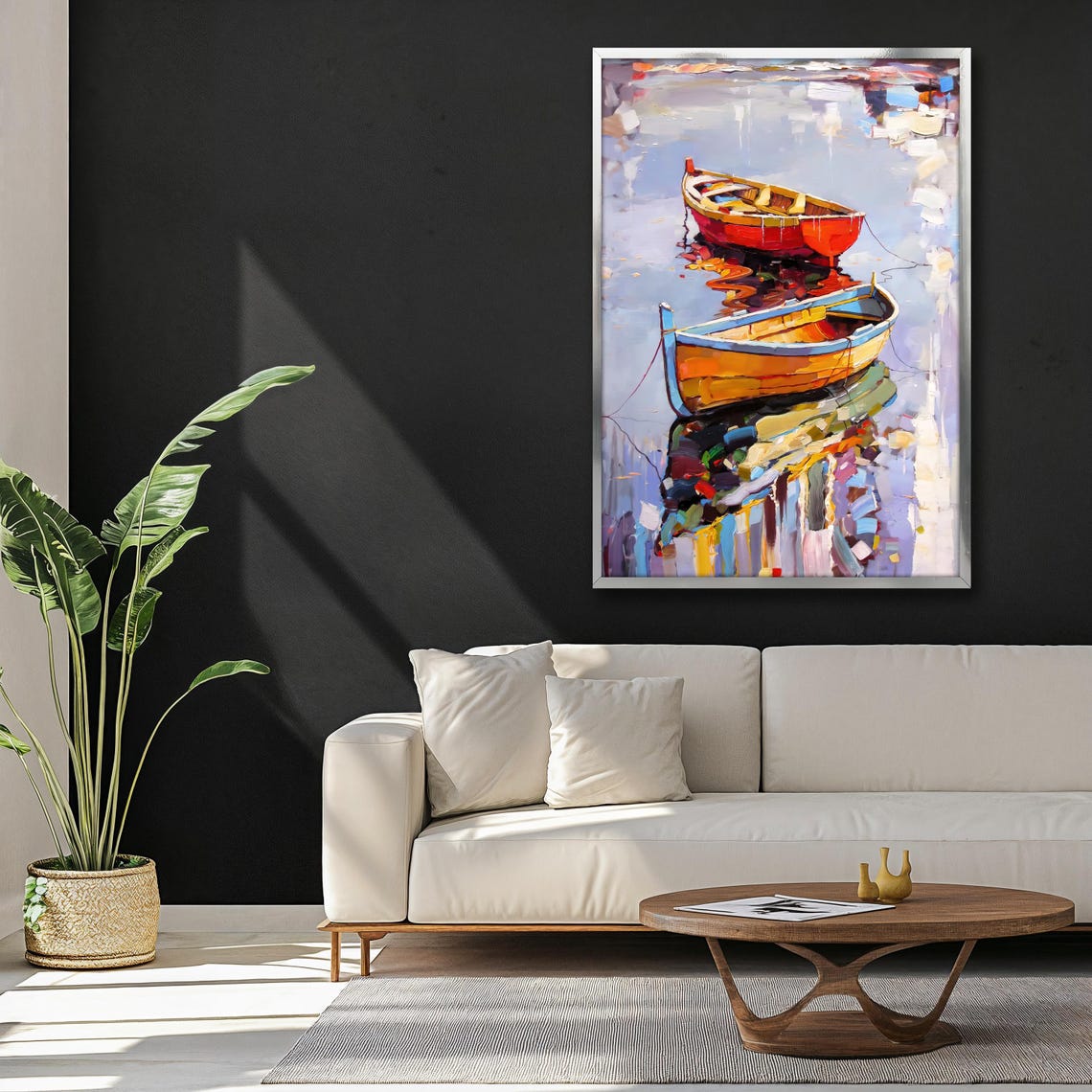 Two Colorful Fishing Boats Reflection Calm Water Painting Wall Art - Image 3