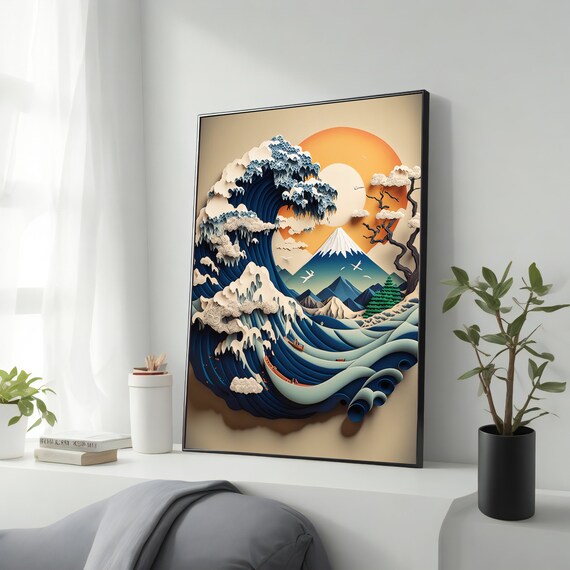 Great Wave Off Kanagawa Hokusai Paper Cut Mount Fuji Japanese Art Poster