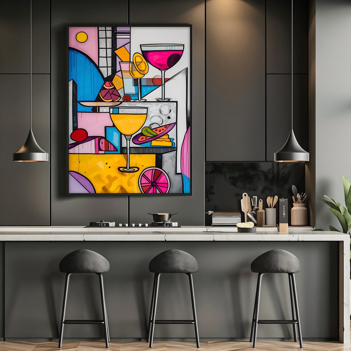 Colorful Cubist Cocktail Glasses Pop Art Print Vibrant Home Bar Wall Decor