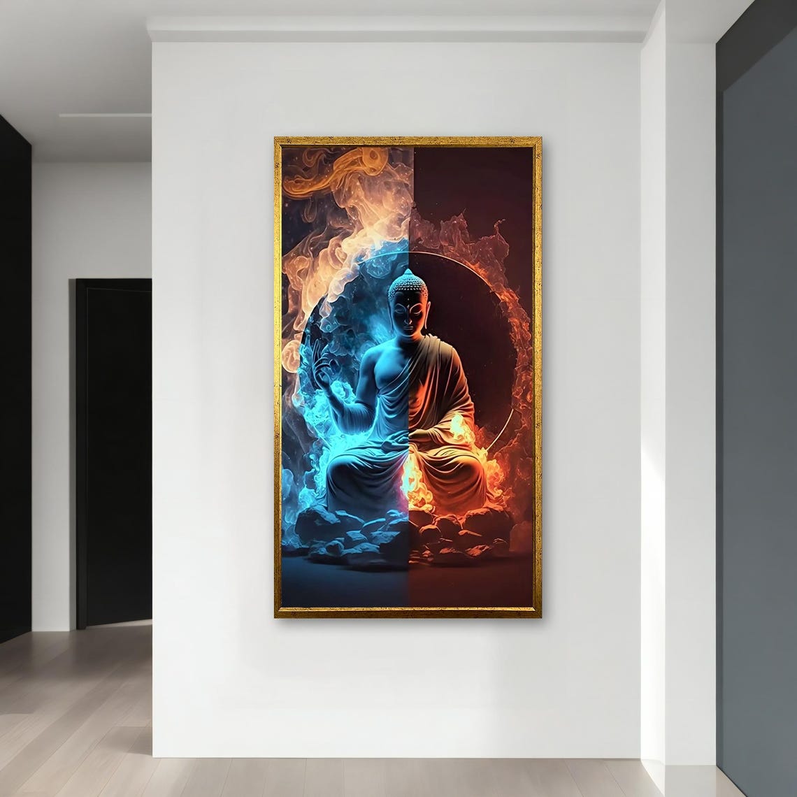Zen Buddha Art Blue And Red Flame Duality Wall Decor Spiritual Meditation Artwork Enlightenment Gift Ready To Hang Gift Idea - Image 4