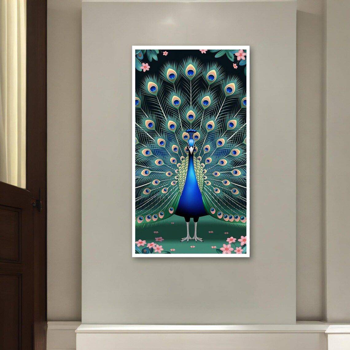 Peacock with Fanned Tail Among Pink Blossoms Dark Green Art Poster - Image 2