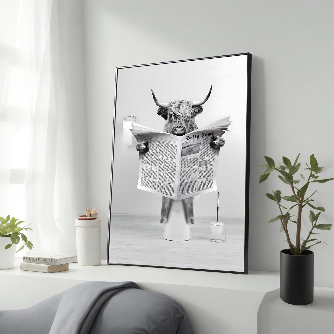 Highland Cow Reading Newspaper Funny Bathroom Wall Art Poster