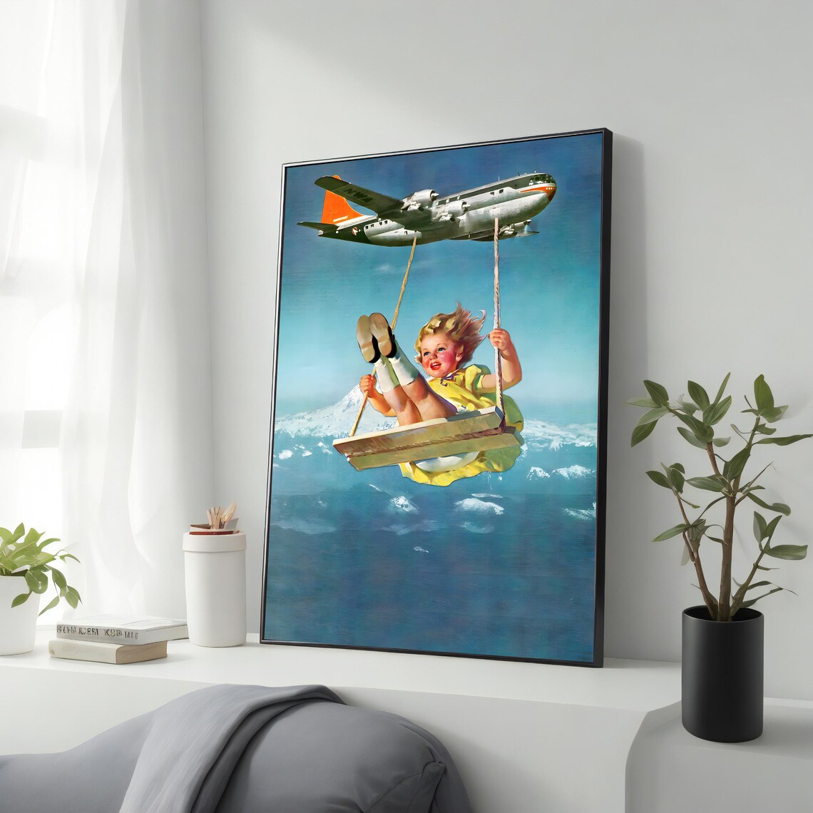 Surreal Child Swing Flying Airplane Whimsical Vintage Sky Art Poster