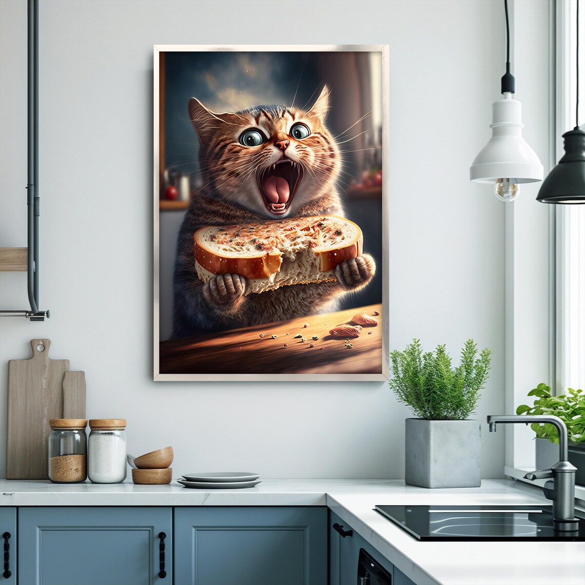 Funny Cat Eating Bread Toast Happy Tabby Quirky Kitchen Wall Art Poster - Image 3