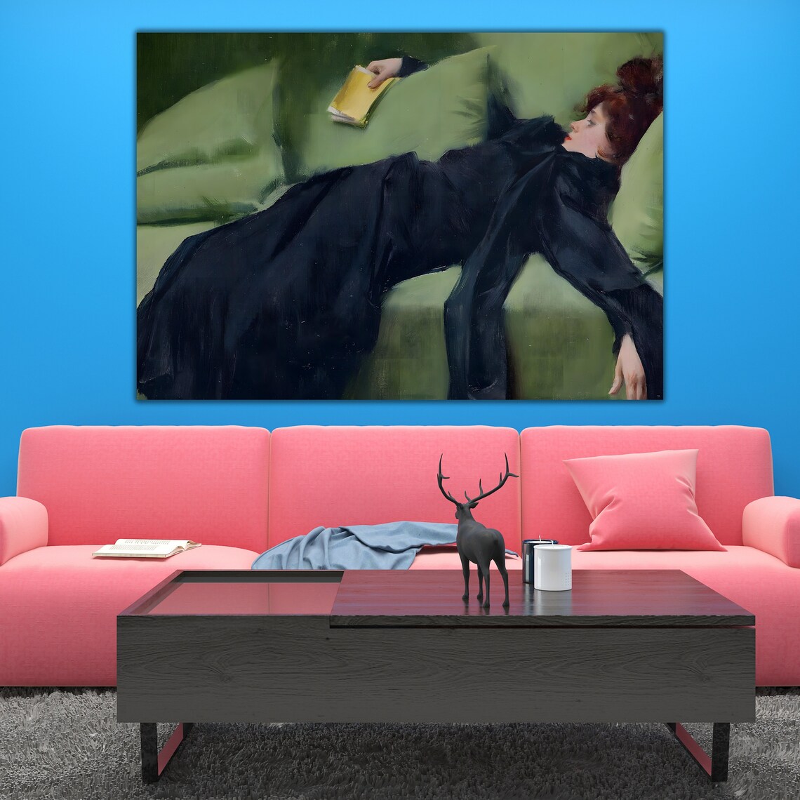 Woman In Dark Dress Reclining On Green Sofa Reading Book Art Print - Image 2