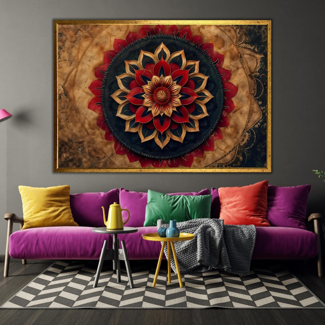 Red Gold Black Floral Mandala Vintage Parchment Boho Spiritual Wall Poster - Image 3