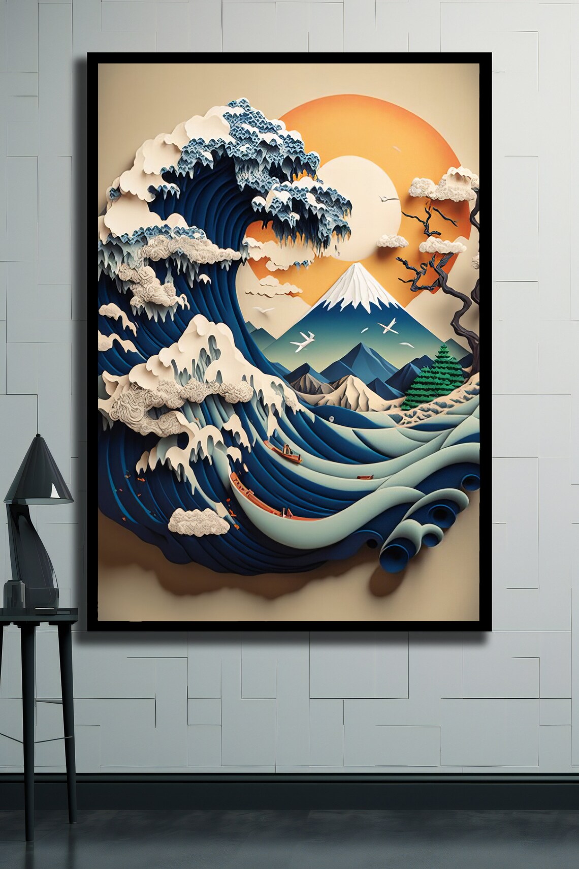 Great Wave Off Kanagawa Hokusai Paper Cut Mount Fuji Japanese Art Poster - Image 2