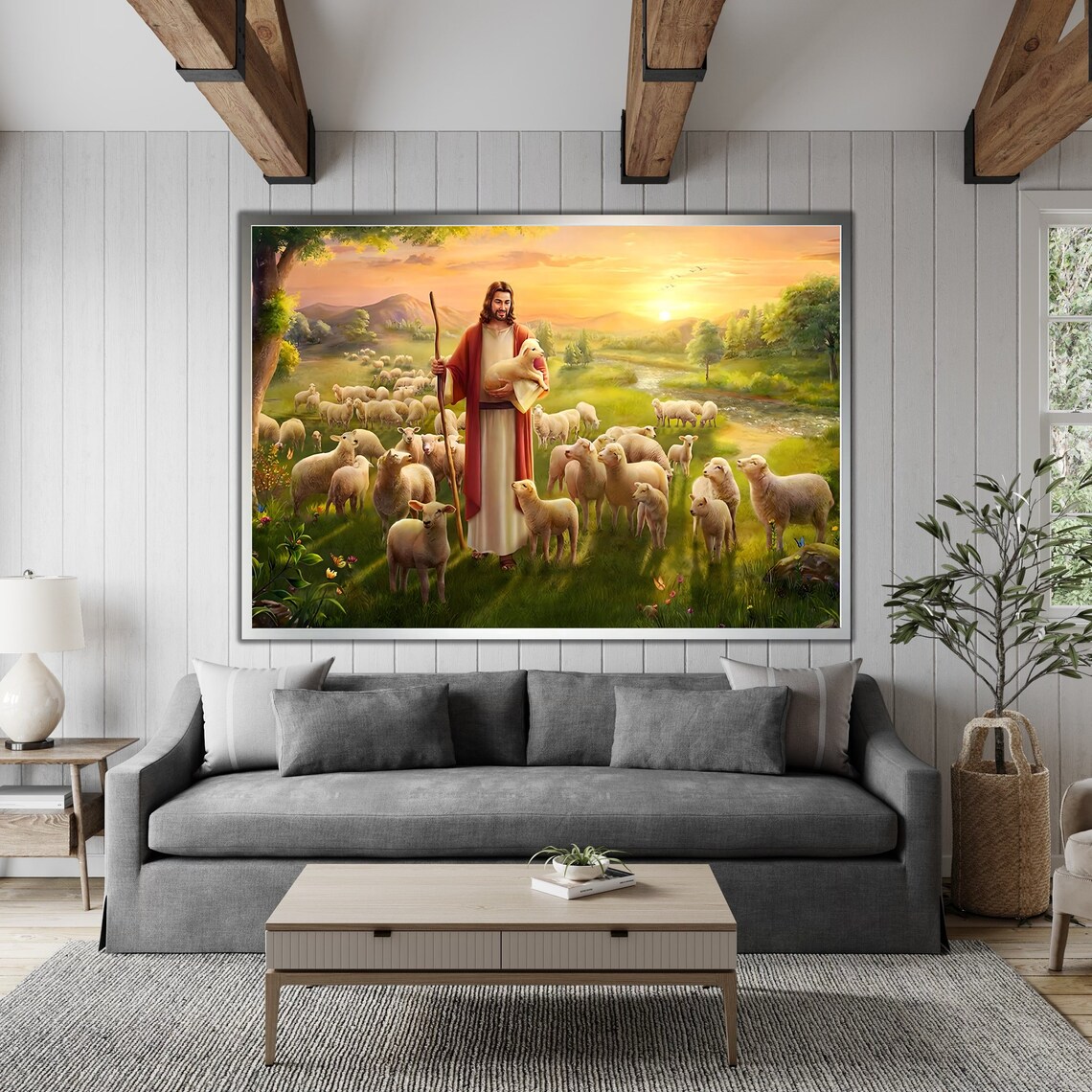 Jesus Good Shepherd Holding Lamb Flock Of Sheep Golden Sunset Field Poster - Image 4