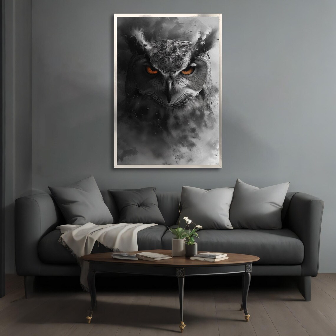 Black Owl Intense Orange Eyes Dark Moody Wildlife Portrait Poster - Image 3