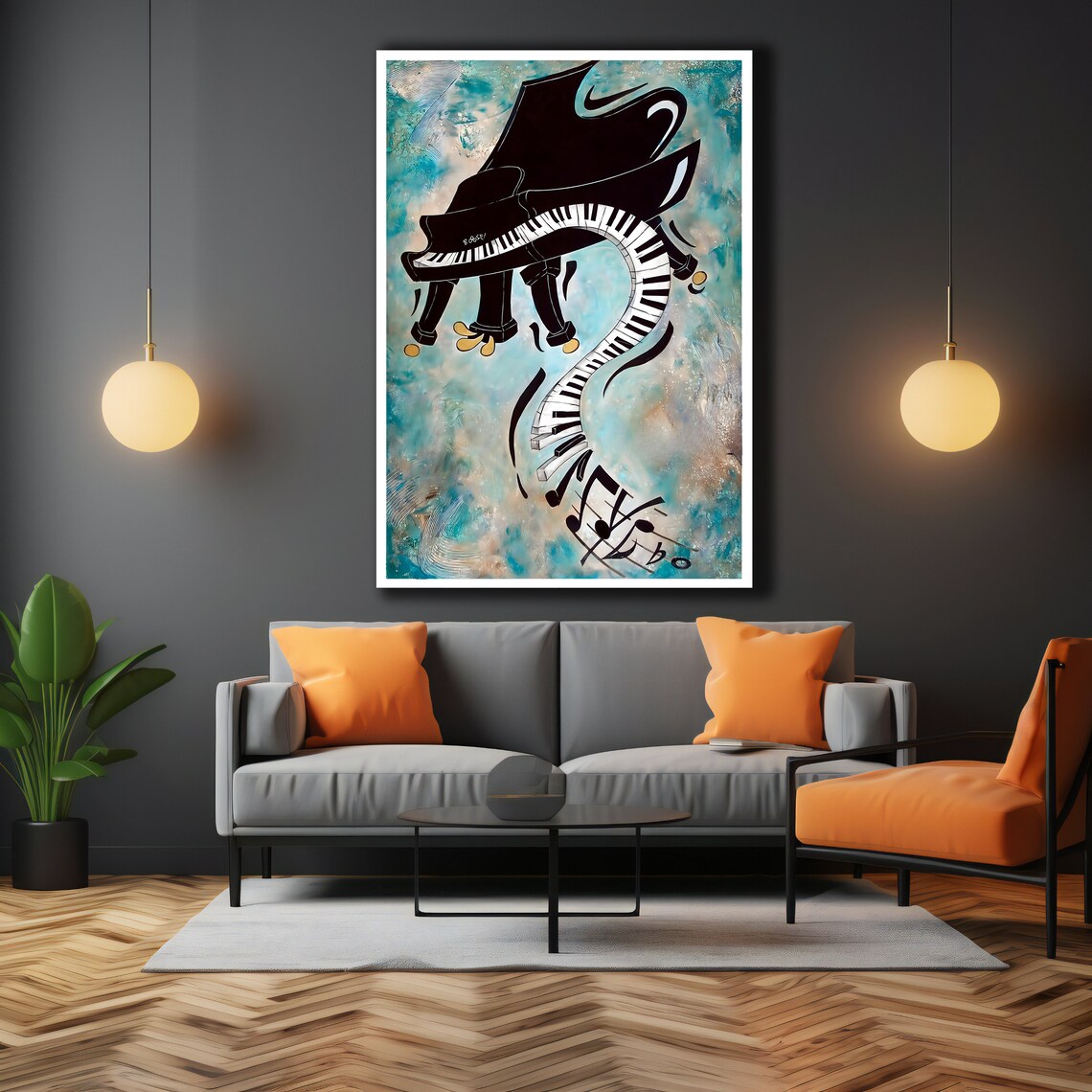 Surreal Melting Grand Piano Keyboard Music Notes Turquoise Art Poster - Image 3