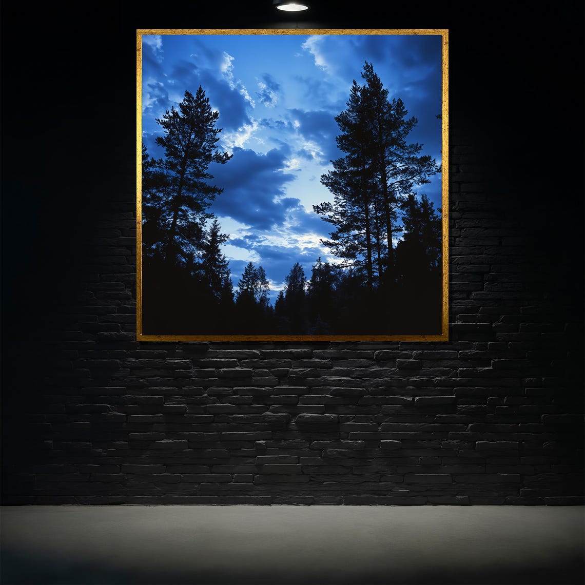 Blue Forest Night Sky Pine Tree Silhouettes Moody Nature Wall Poster