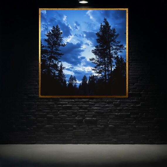 Blue Forest Night Sky Pine Tree Silhouettes Moody Nature Wall Poster