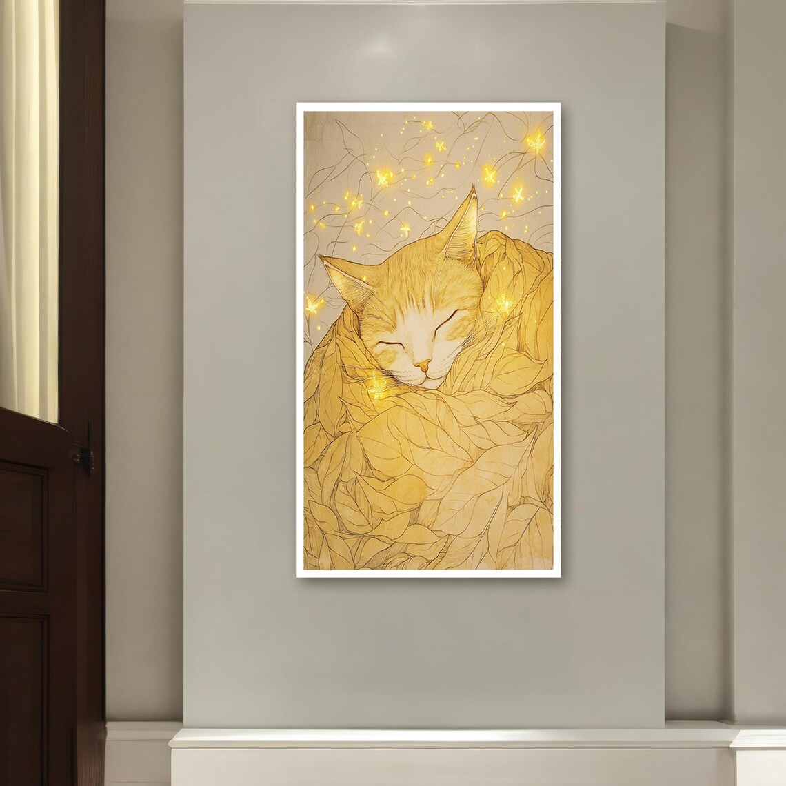 Golden Cat Sleeping Wrapped in Autumn Leaves Dreamy Art Poster - Image 2