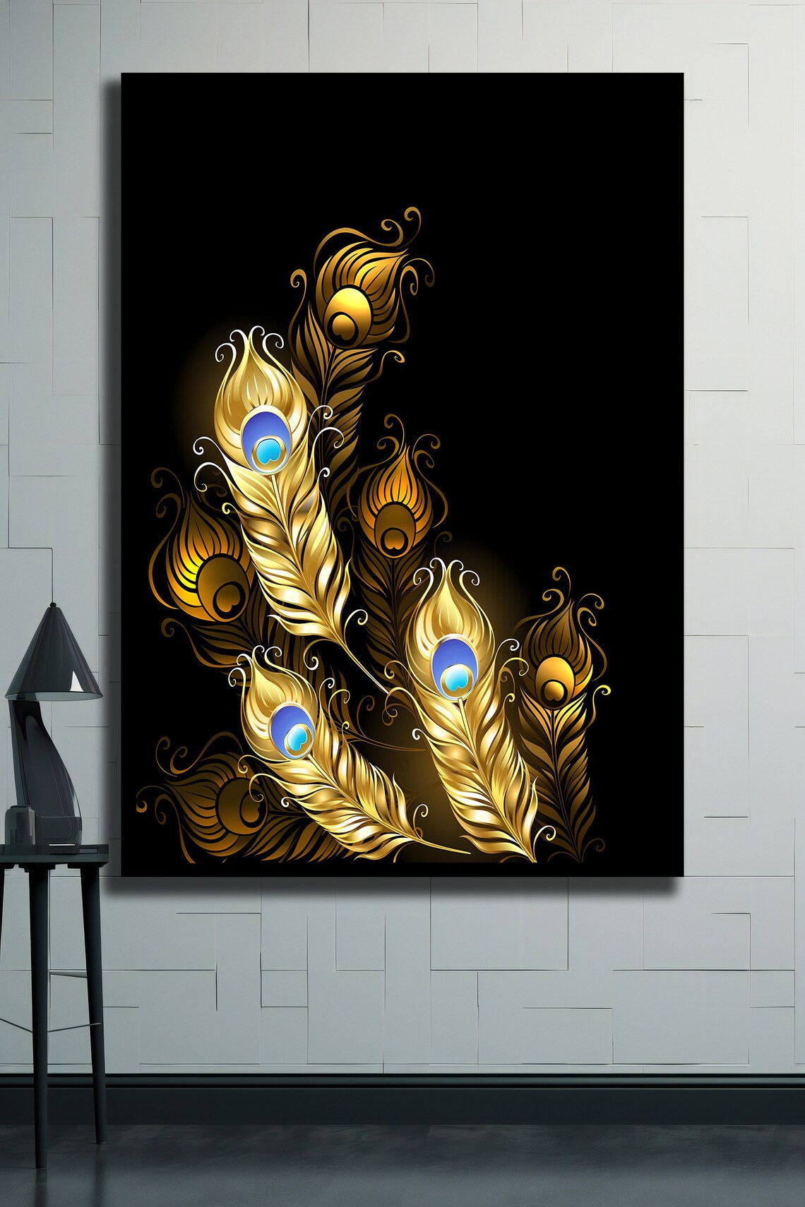 Golden Peacock Feathers On Black Elegant Luxury Wall Art Poster - Image 2